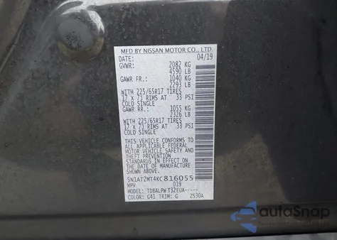 2019 Nissan Rogue S z USA, uszkodzony, nr VIN 5N1AT2MT4KC816055